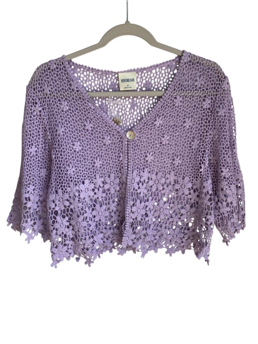NWOT Bedford Fair Crochet Floral Shell Button Cardigan Lavender Granny Cottage-M
